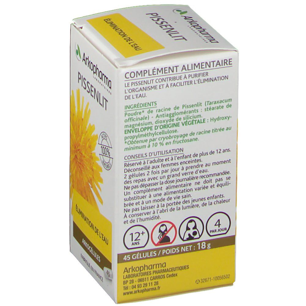 Doosje Arkopharma Pissenlit. Gele tekst en illustratie van paardenbloem. 45 capsules, 18g. Tekst "Eliminatie van water".