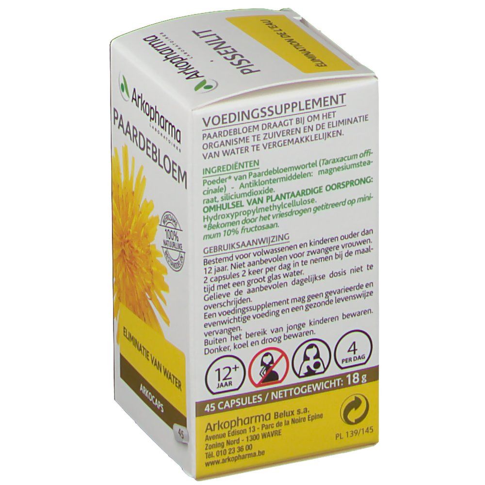 Doosje Arkopharma Pissenlit. Gele tekst en illustratie van paardenbloem. 45 capsules, 18g. Tekst "Eliminatie van water".