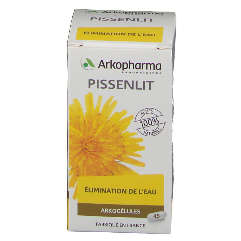 Doosje Arkopharma Pissenlit. Gele tekst en illustratie van paardenbloem. 45 capsules. Tekst "Eliminatie van water".