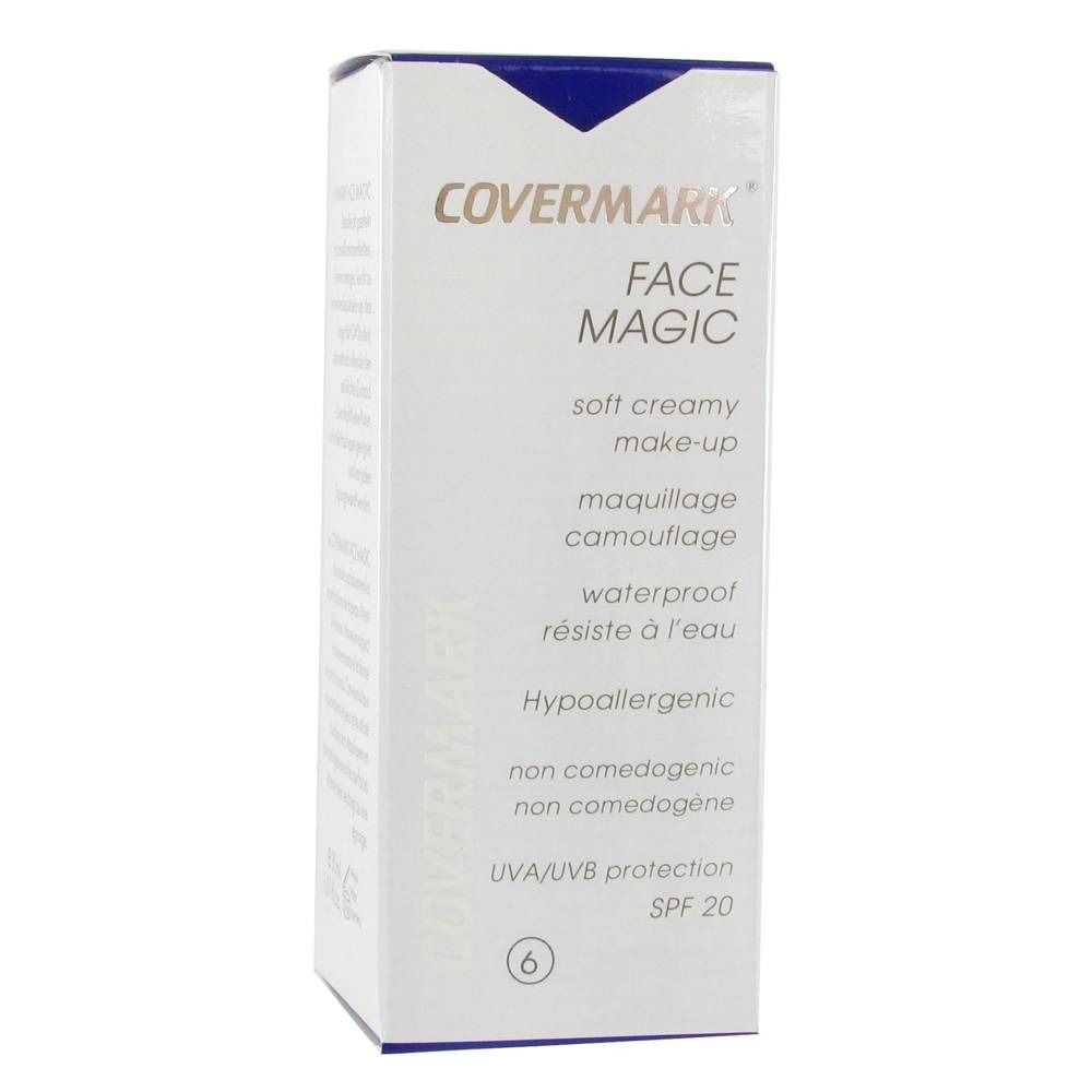 Witte doos met productinformatie. Opschrift: COVERMARK FACE MAGIC, make-up, waterproof, hypoallergeen, SPF 20. Kleurnummer 6.