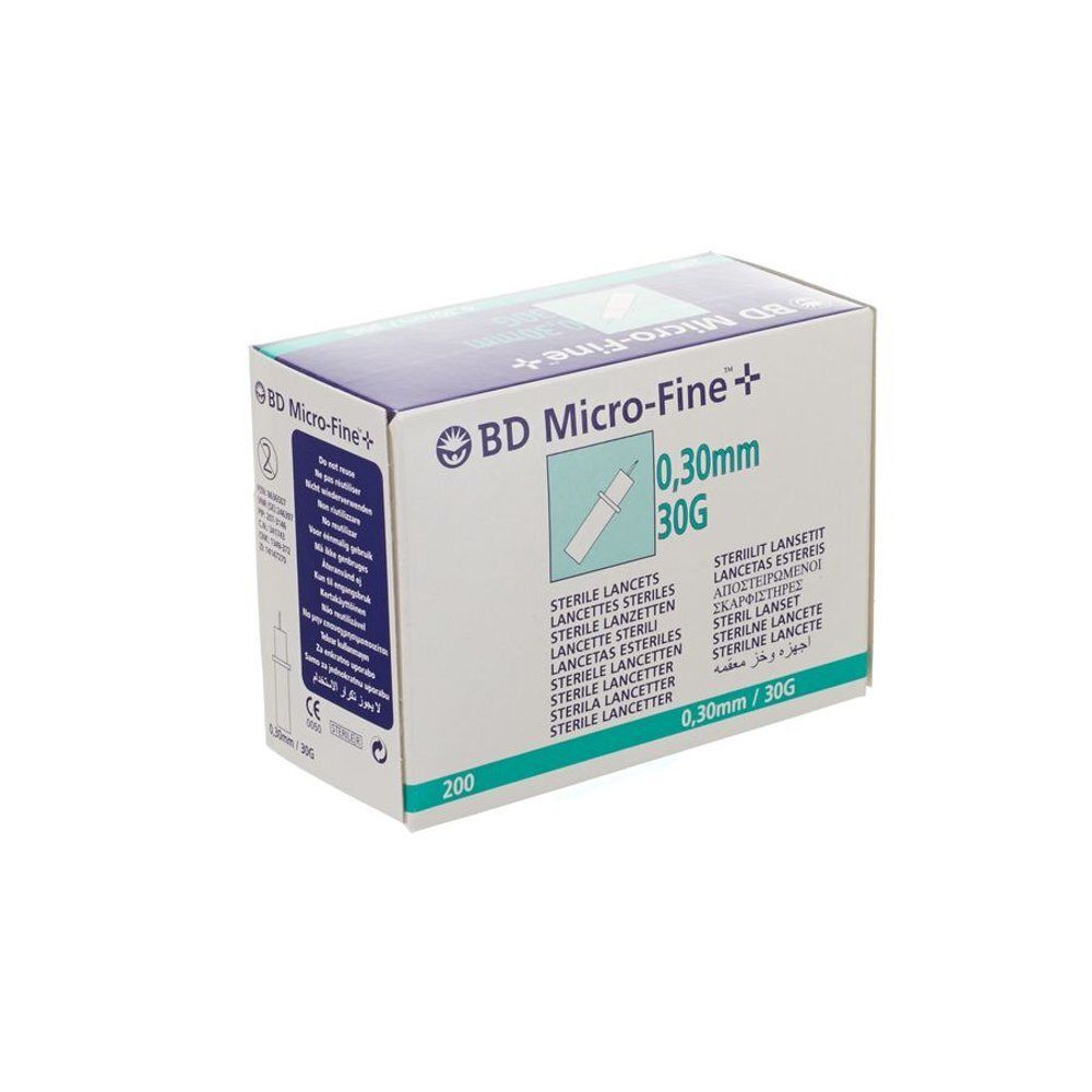 Boîte de lancettes BD Micro-Fine+. Inscription : 0,30 mm 30G. Contient 200 unités. Lancettes stériles.