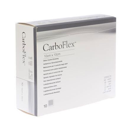 Verpakking van Carboflex, 10cm x 10cm verband. Opschrift: Odour Control Dressing. Bevat 10 stuks.