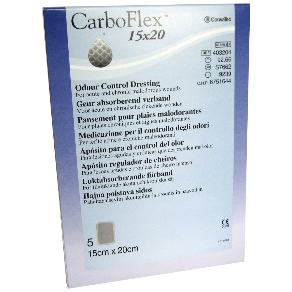 Verpakking met product CarboFlex 15x20. Opschrift: Odour Control Dressing. Afmeting: 15cm x 20cm. Bevat 5 stuks. CE-markering.
