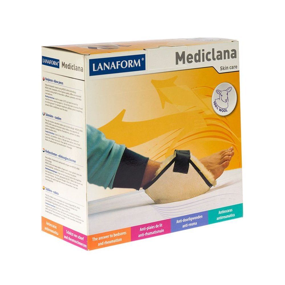Emballage Mediclana. Un pied dans une protection talon et coude est illustré. Texte : Lanaform, Mediclana, Skin care. Laine vierge.