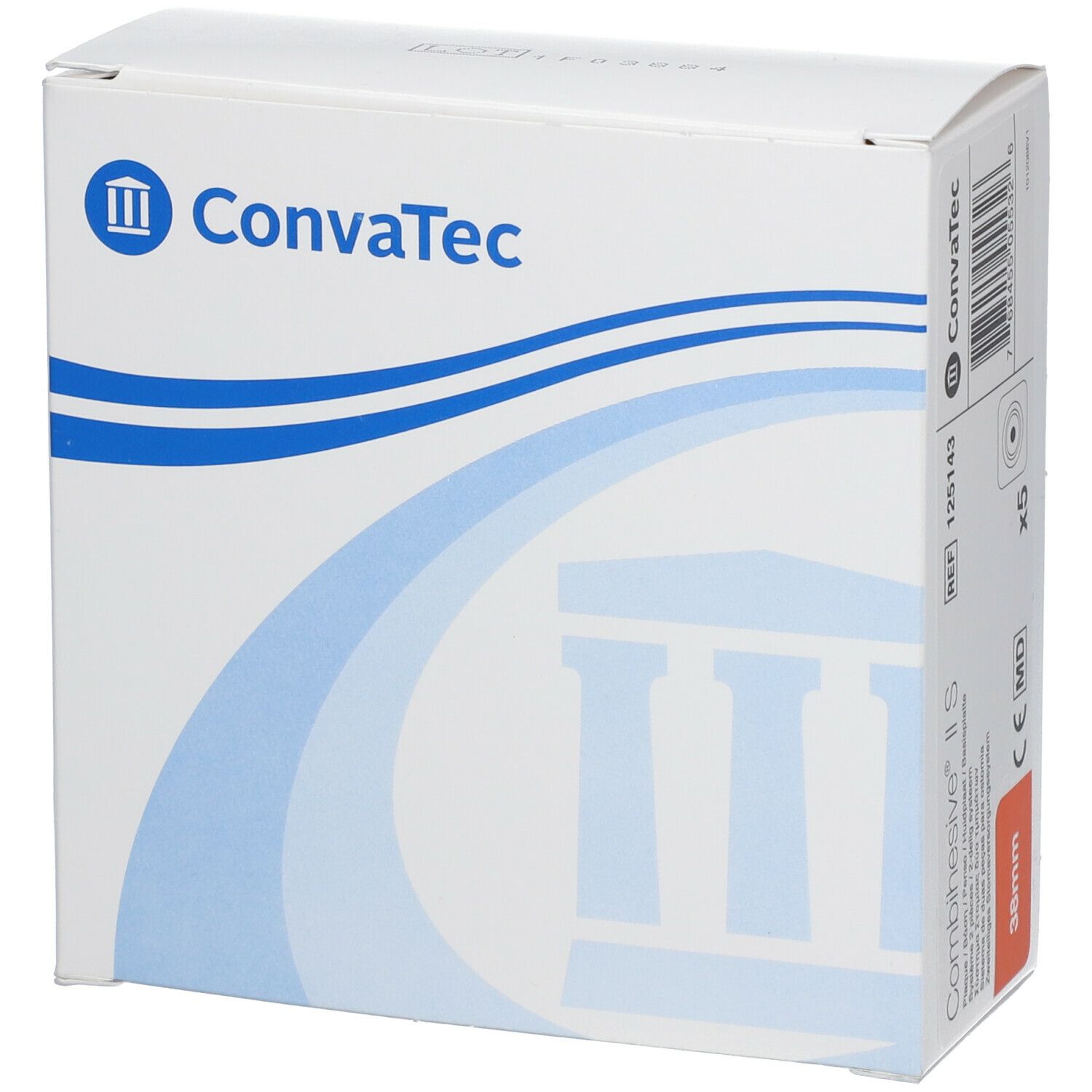Boîte blanche avec motif ondulé bleu et logo ConvaTec. Inscription : 38mm.