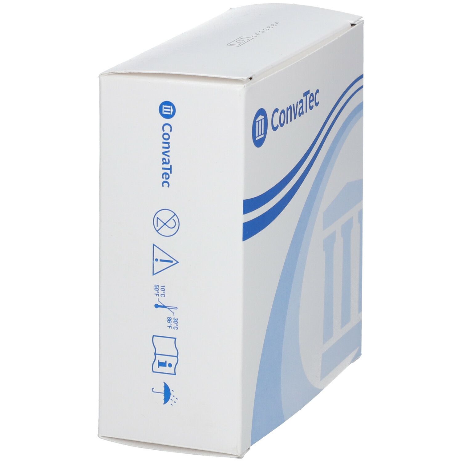 Boîte blanche avec logo ConvaTec et pictogrammes. Inscriptions : avertissements et température.