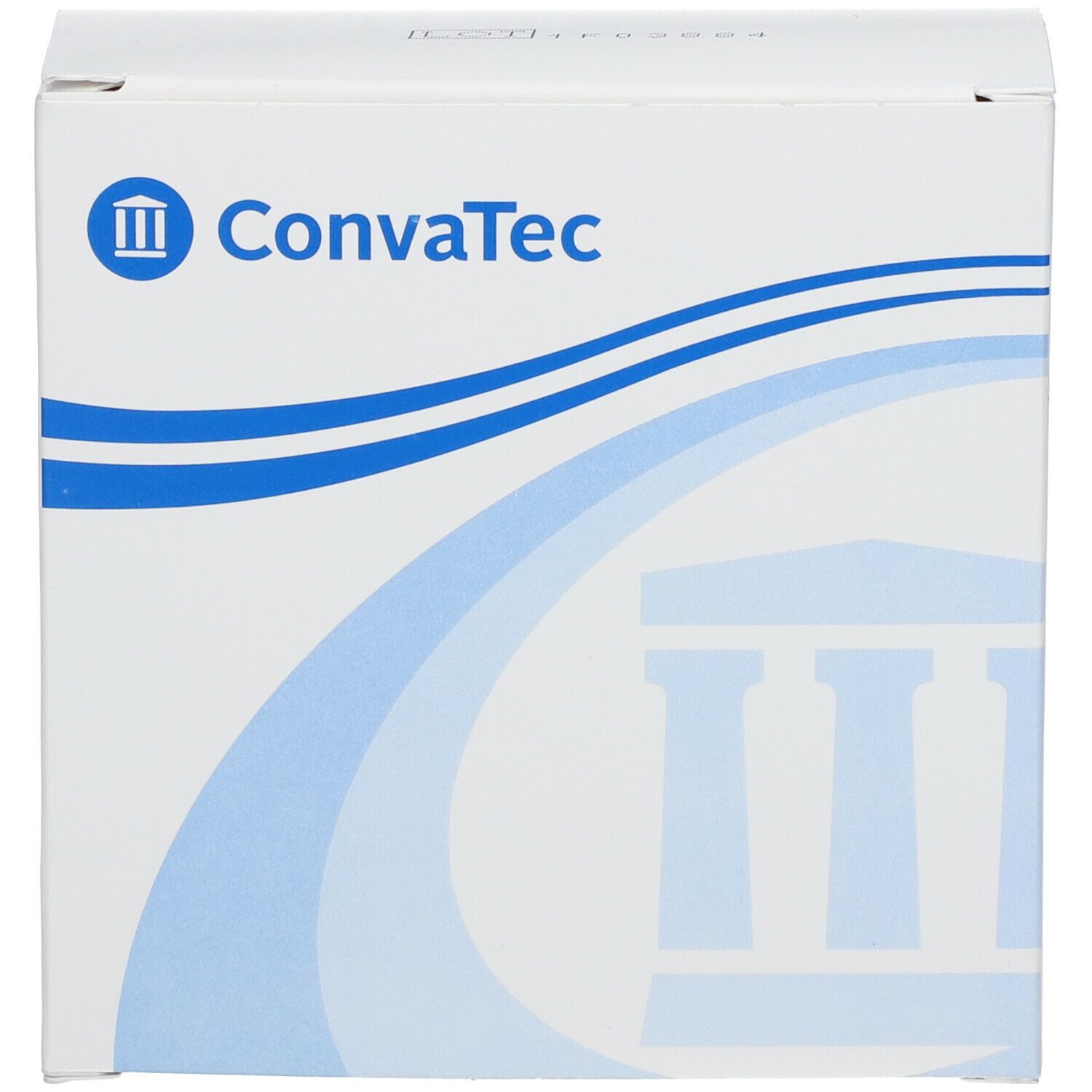 Boîte blanche avec motif ondulé bleu et logo ConvaTec. Inscription : ConvaTec.