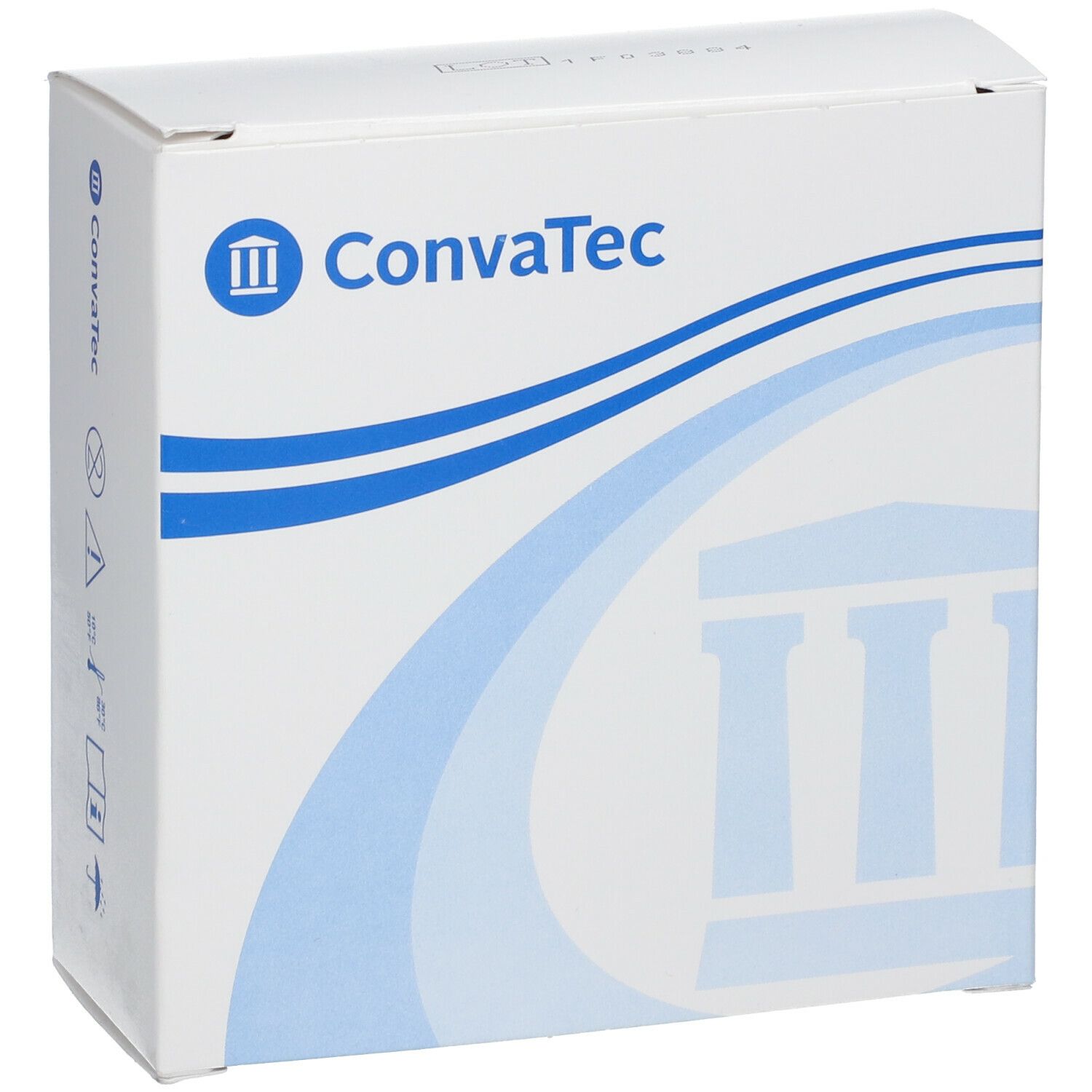 Boîte blanche avec logo ConvaTec et pictogrammes. Inscriptions : avertissements et température.