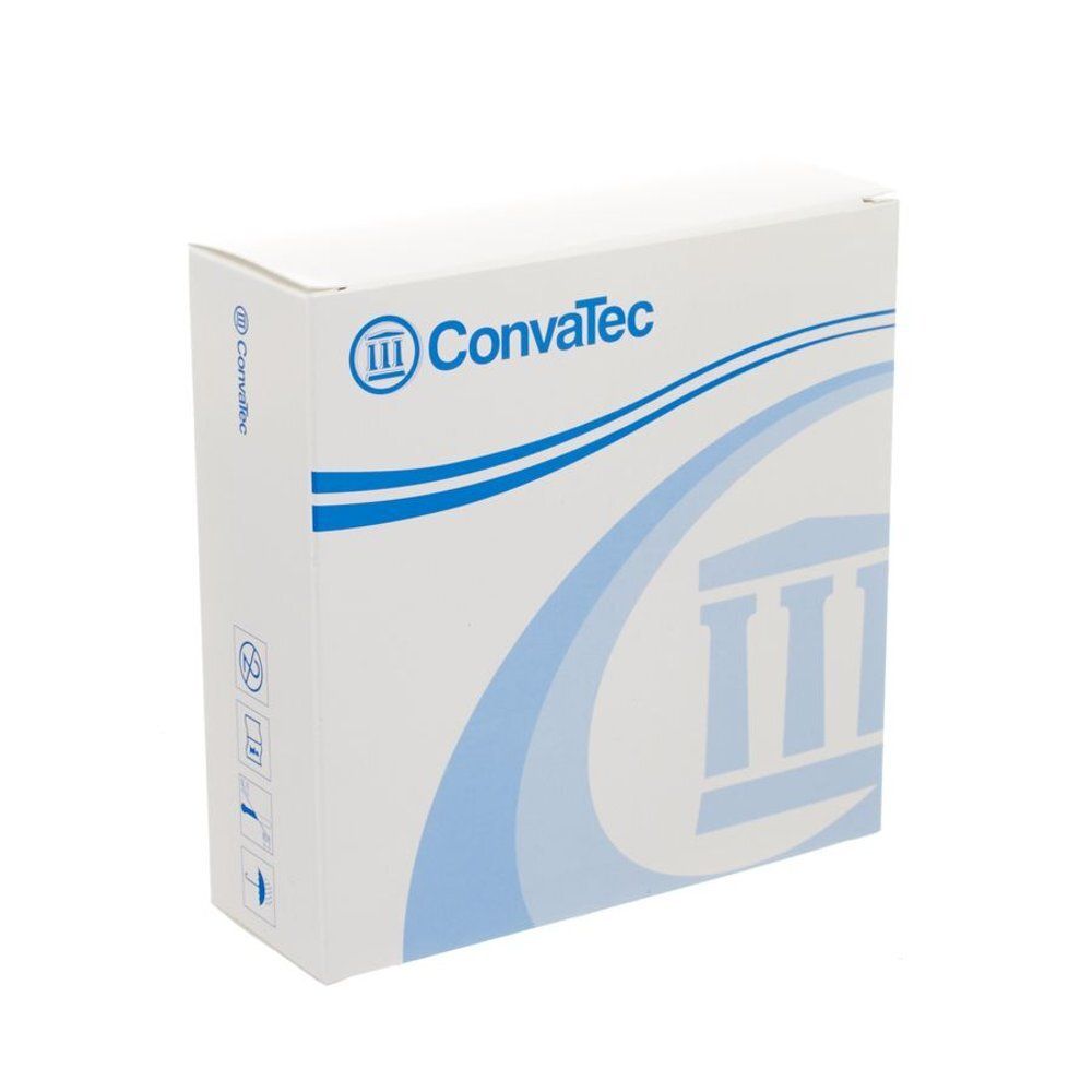 Witte doos met blauw logo en tekst Convatec. Blauwe lijnen en een gestileerd kolommotief zijn zichtbaar.