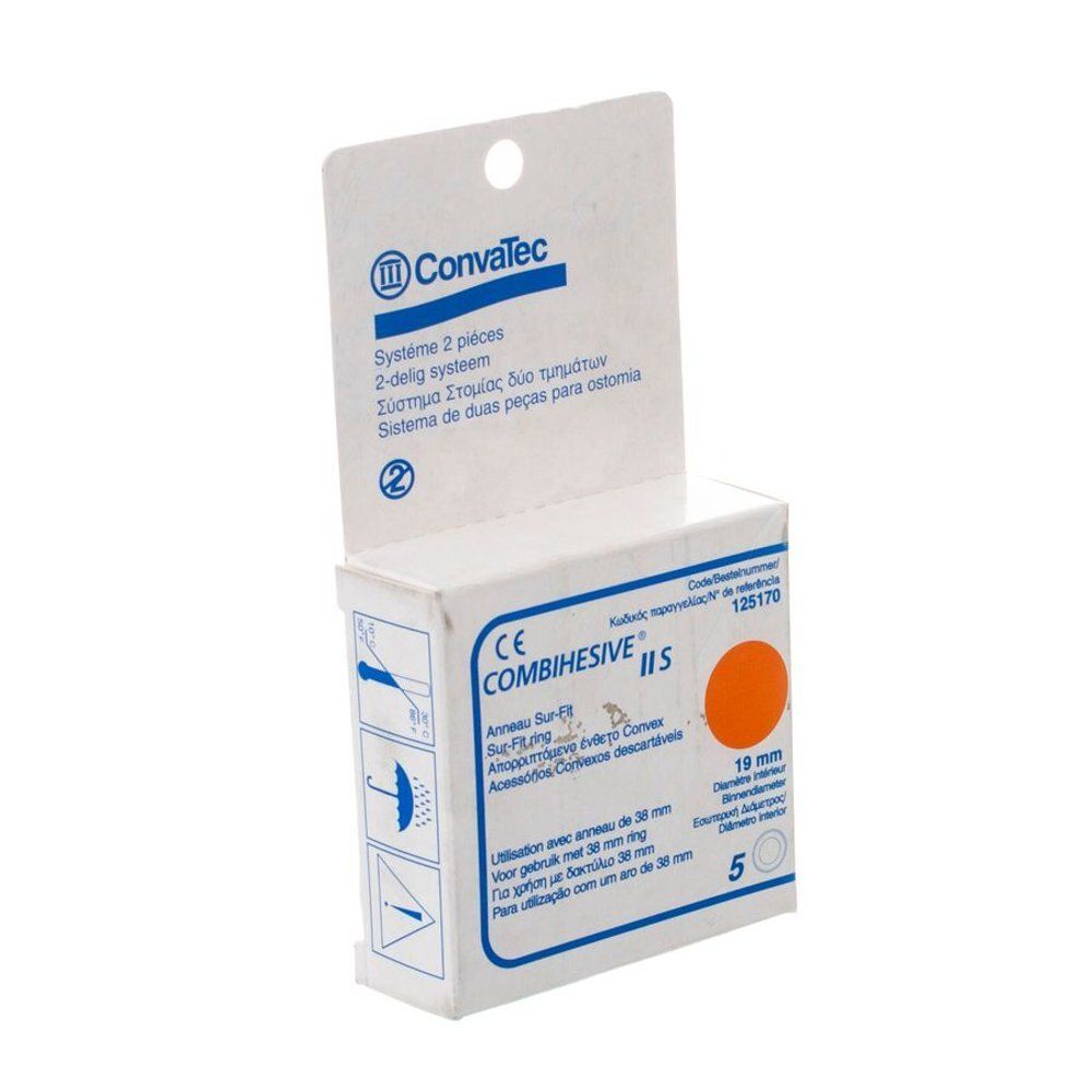 Verpakking van Combihesive II S Sur-Fit Ring. Opschrift: CE, 19 mm, 5 stuks. Merk Convatec. Tweedelig systeem.
