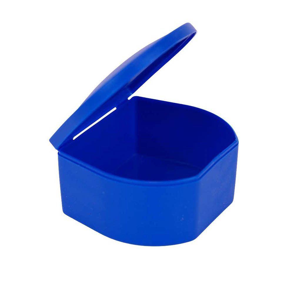 Boîtier bleu rectangulaire pour prothèses dentaires avec couvercle. Ouvert, vue intérieure.