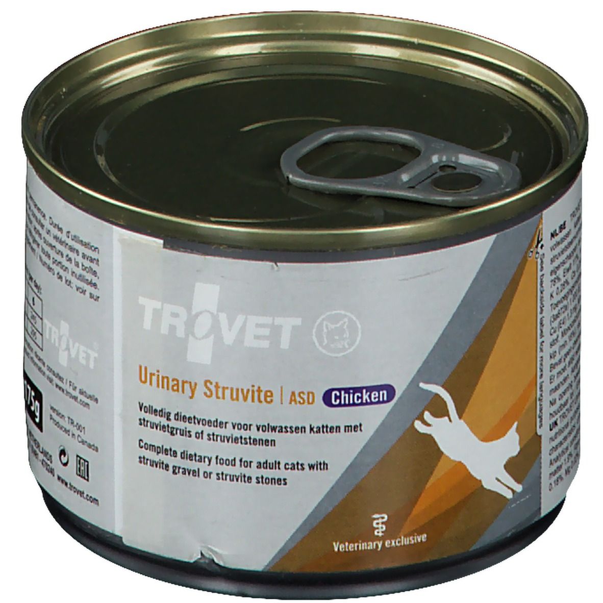 Boîte de conserve 'Urinary Struvite ASD Chicken'. Avec languette d'ouverture. Étiquette blanche avec logo et texte.