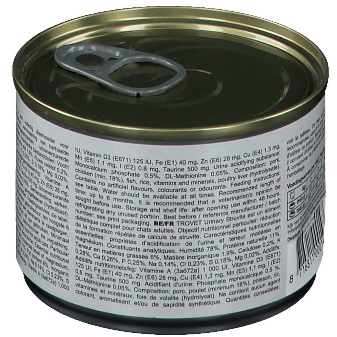 Boîte de conserve avec texte. Étiquette avec ingrédients et valeurs nutritionnelles. Verso avec texte.