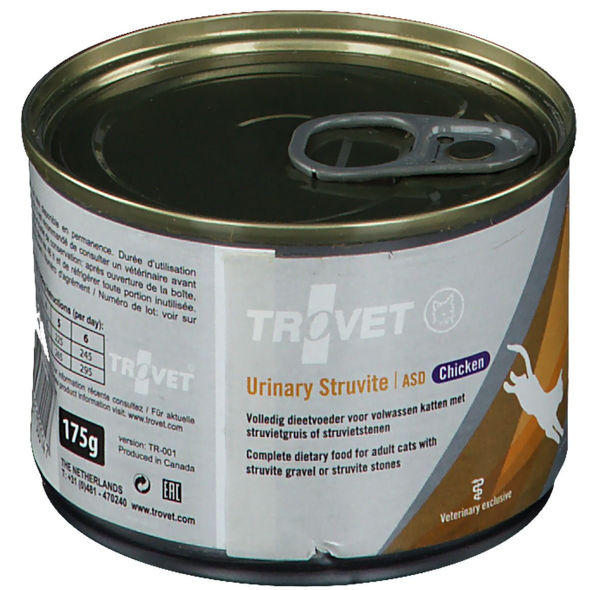 Boîte de conserve 'Urinary Struvite ASD Chicken'. Avec languette. Étiquette avec texte et logo.