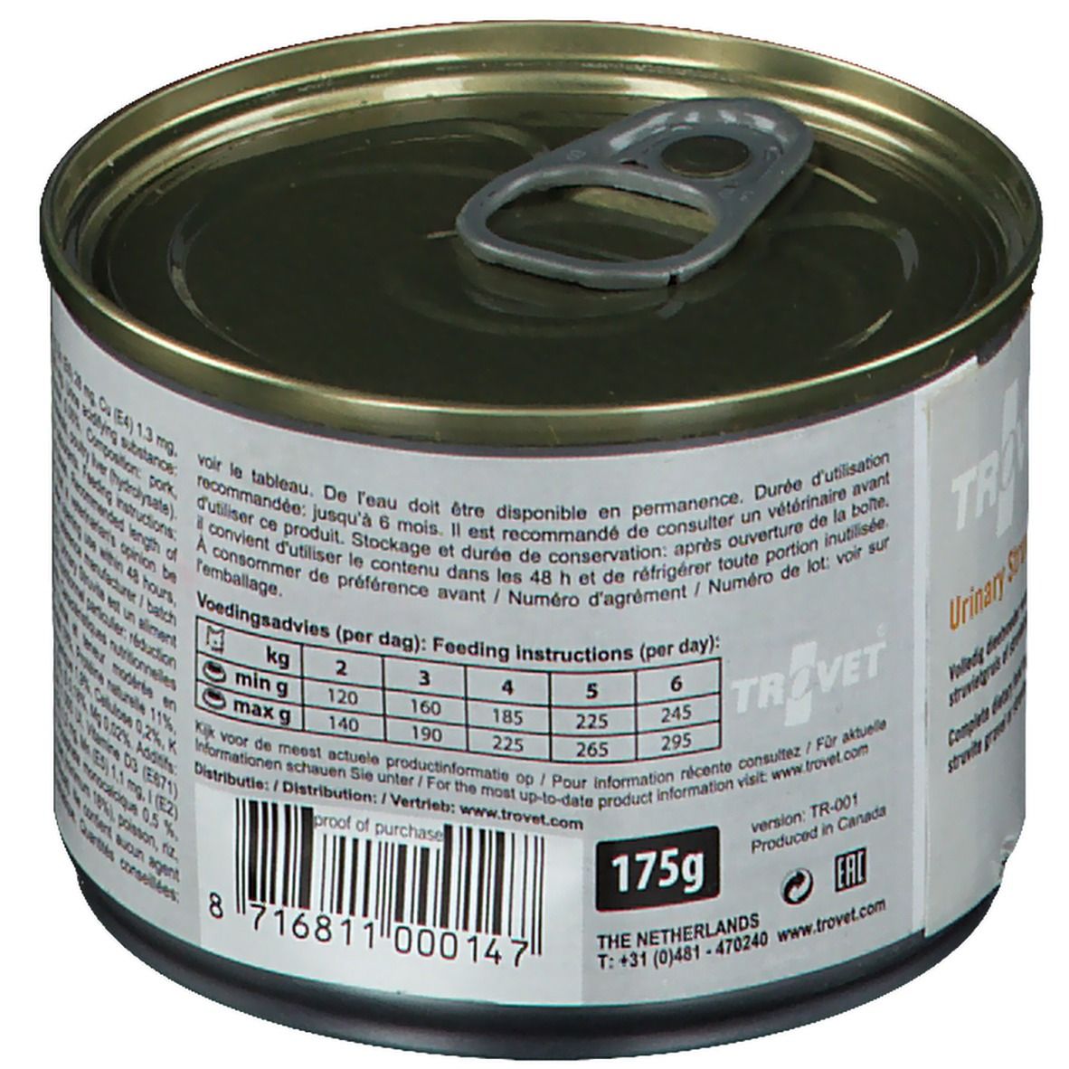 Boîte de conserve avec texte. Inscription '175g'. Étiquette avec texte et logo. Verso avec texte et code-barres.