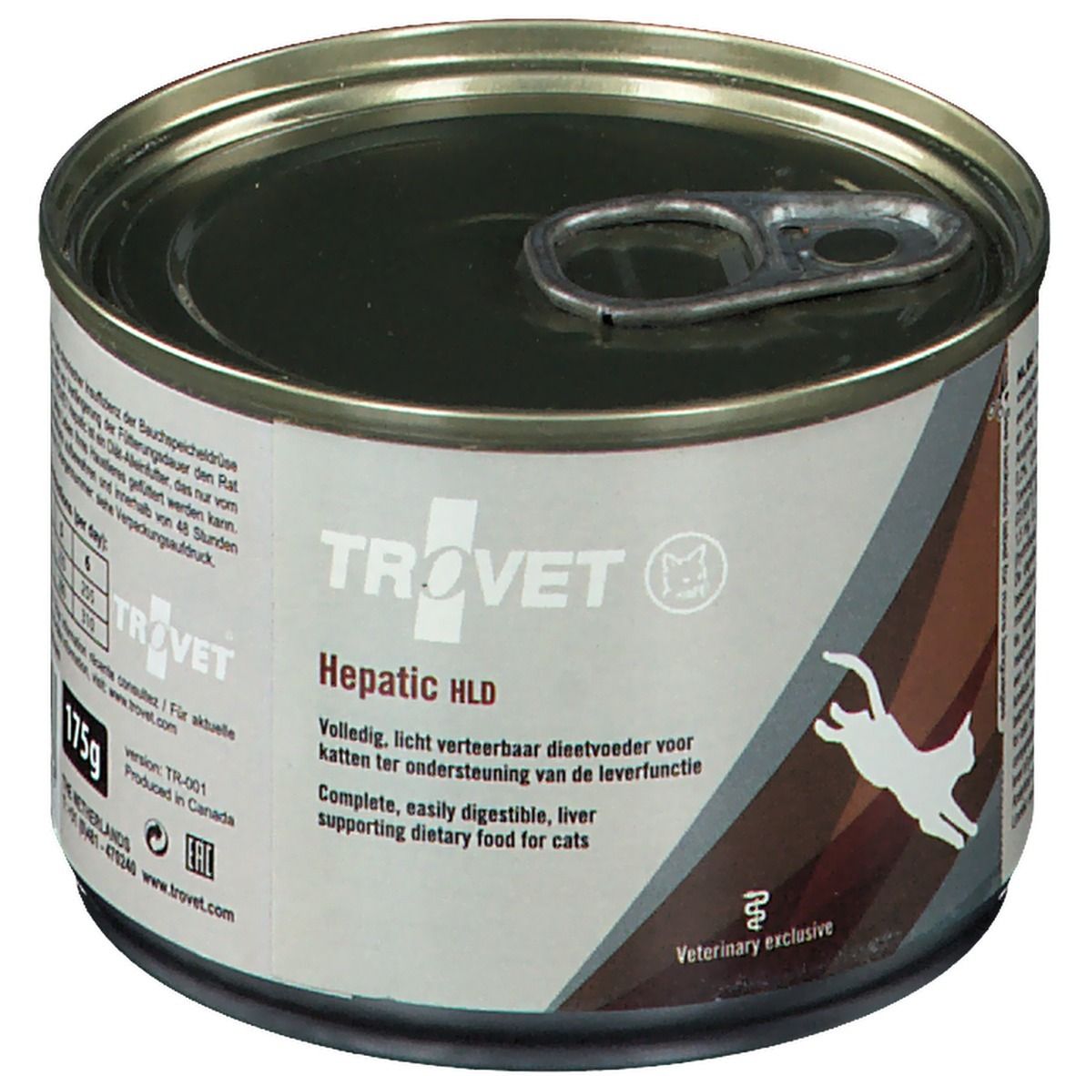 Metalen blik TROVET Hepatic HLD. Bruine en witte etiketten. Kat-silhouet. "Veterinary exclusive".