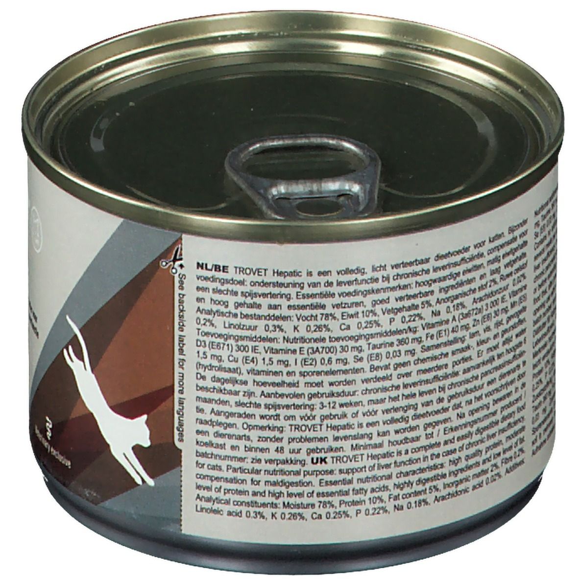 Blik met tekst. TROVET Hepatic. Ingrediënten en voedingswaarde. Kat-silhouet. "Veterinary exclusive".