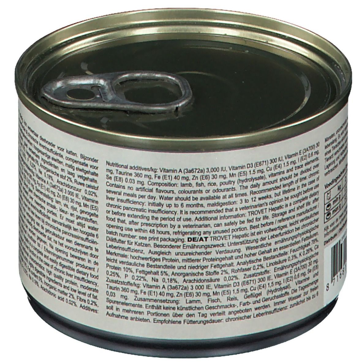 Blik met tekst. TROVET Hepatic. Voedingswaarde. Kat-silhouet. "Veterinary exclusive".