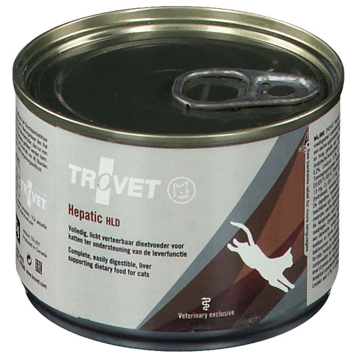 Metalen blik TROVET Hepatic HLD. Bruine en witte etiketten. Kat-silhouet. "Veterinary exclusive".