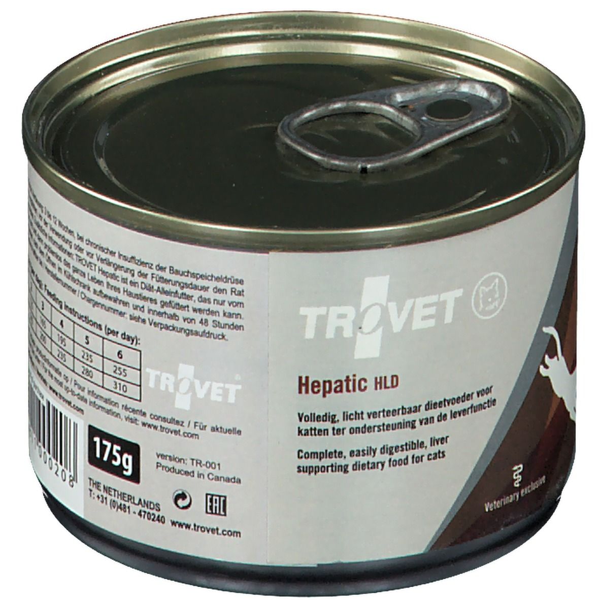 Metalen blik TROVET Hepatic HLD. Bruine en witte etiketten. Kat-silhouet. "Veterinary exclusive".