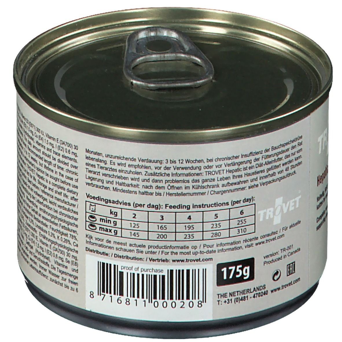 Blik met tekst. TROVET Hepatic. Voedingsadvies. Kat-silhouet. "Veterinary exclusive".