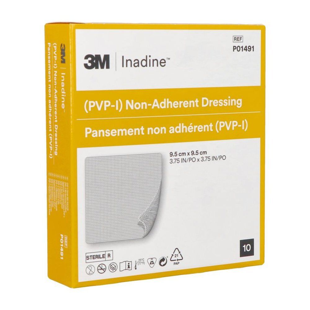 Verpakking van een INADINE® niet-klevende wondcompress 9,5 x 9,5cm, 10 stuks.