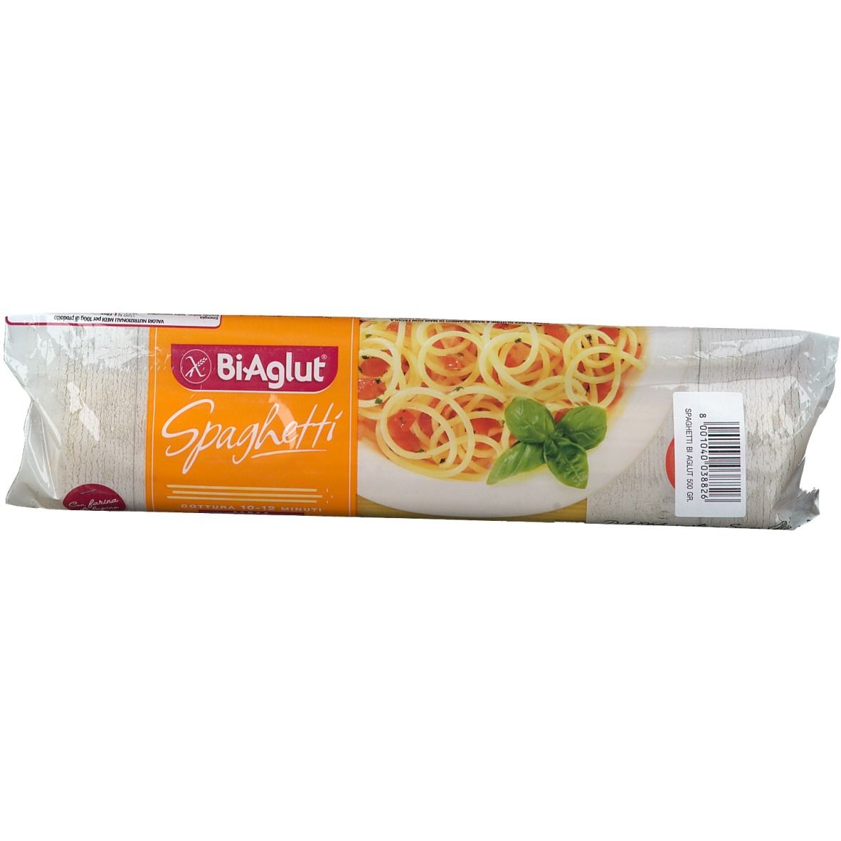 Verpakking met spaghetti. Opschrift: Bi-Aglut Spaghetti. Illustratie van spaghetti met tomaten en basilicum.