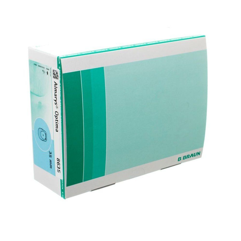 Verpakking Almarys Optima, 35 mm. Groen en wit. B. Braun logo zichtbaar.