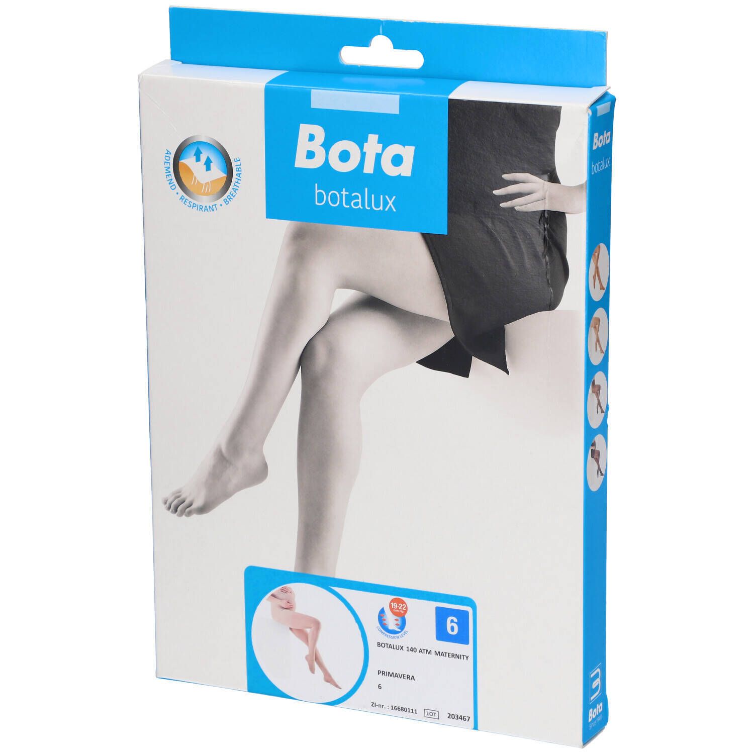 Boîte de bas Bota Botalux. Image d'une jambe portant un bas. Taille 6. Logo et nom du produit visibles.