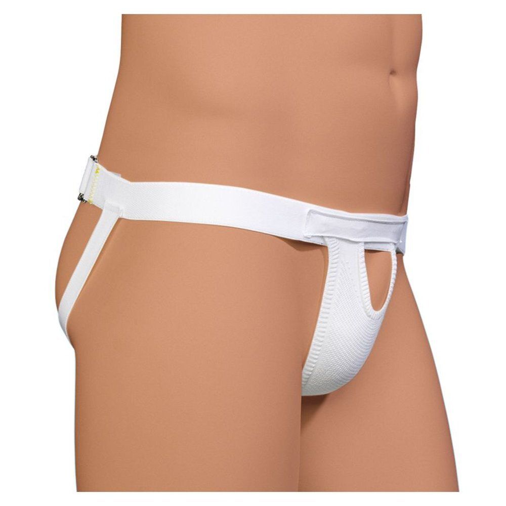 Witte Bota Elasta suspensor. Zijaanzicht. Verstelbare band, opening voor de penis.