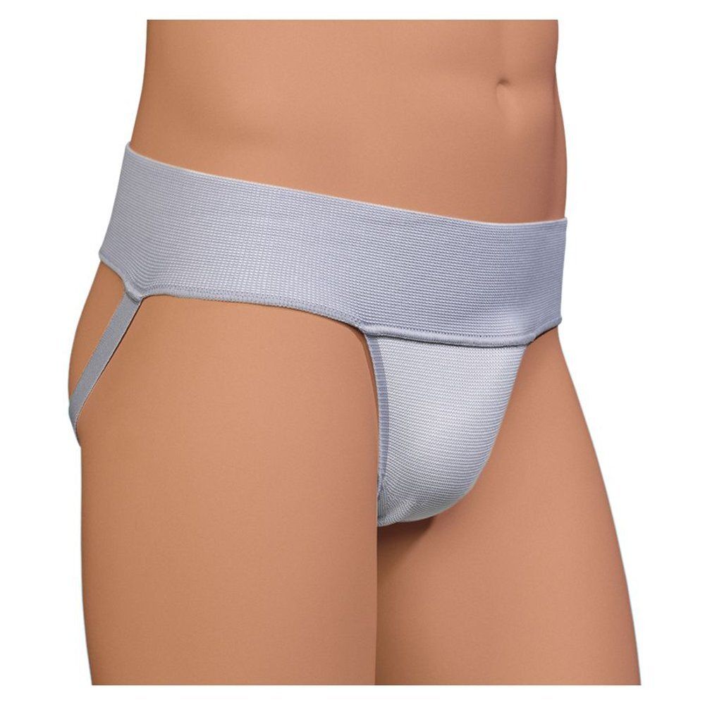 Grijze suspensor. Zijaanzicht. Brede tailleband, bandjes. Textielmateriaal.