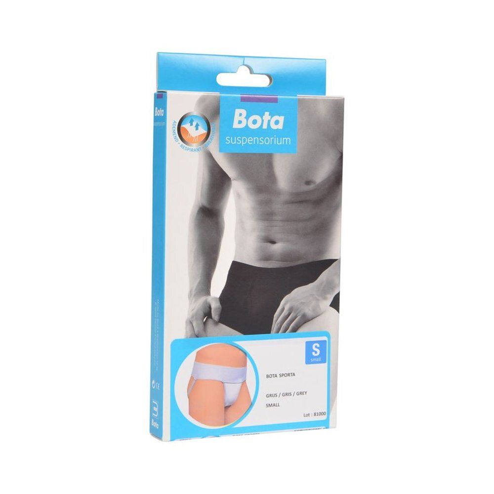 Verpakking Bota Strap Sporta S. Illustratie van een man. Productafbeelding: grijze suspensor. Tekst: Bota, Sporta, S, grijs/grijs.