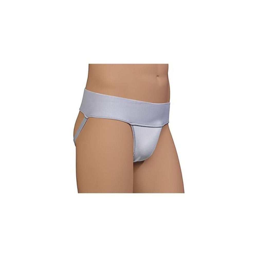Suspenseur gris. Large ceinture, sangles de jambe. Matière textile.