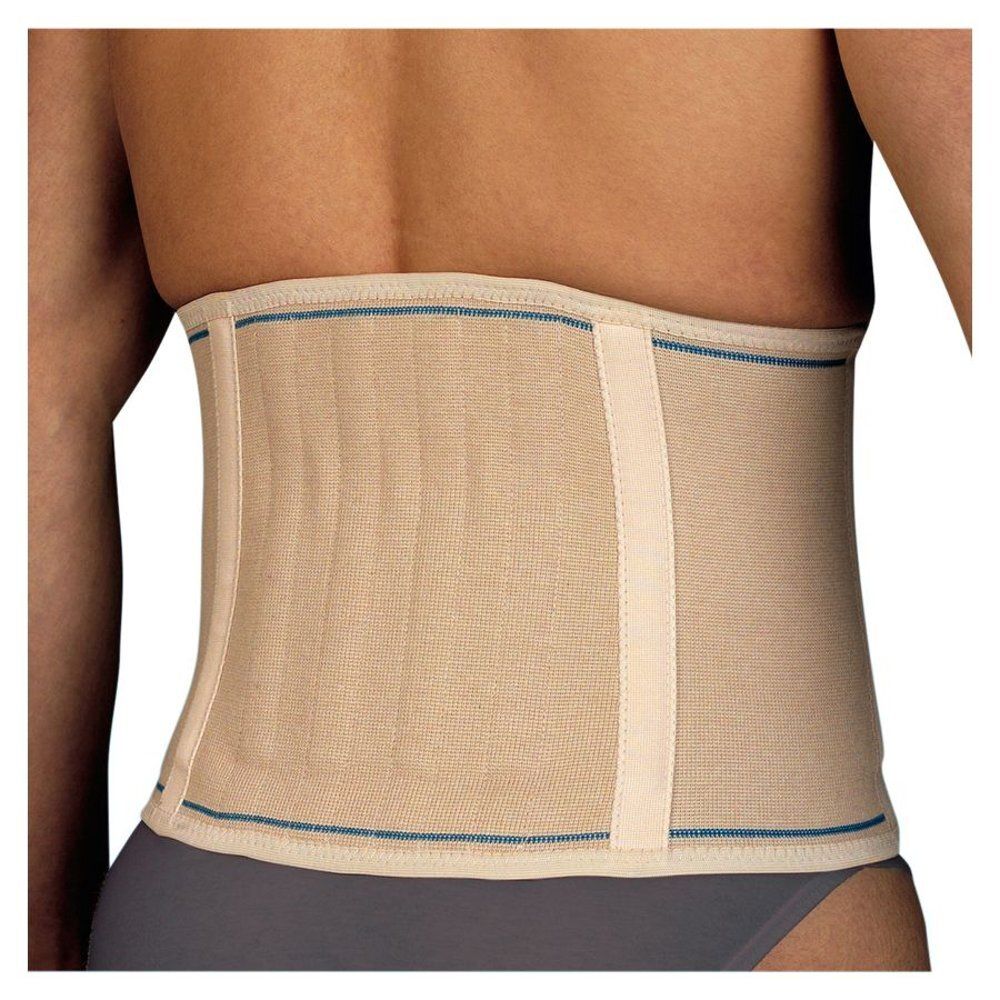Ceinture lombaire beige, coutures bleues, portée sur le dos d'une personne. Sangles de maintien.