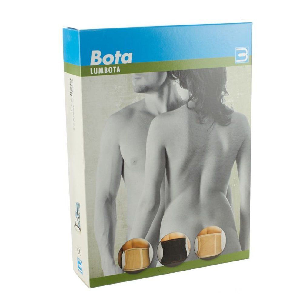 Boîte de Bota Lumbota. Illustration d'un couple et images du produit en différentes couleurs.