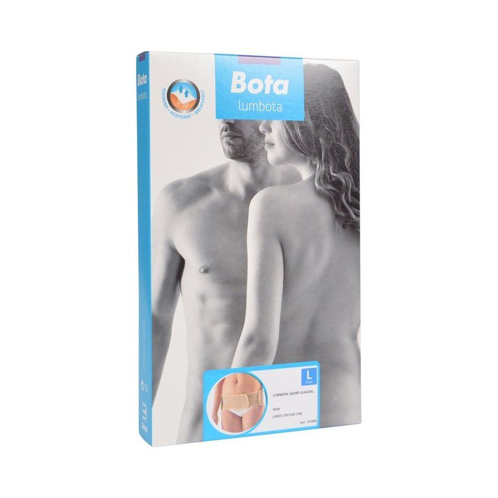 Emballage avec image du produit. Bota Lumbota Sacro-Iliacale Skin Large. Vue de face et légèrement en biais.