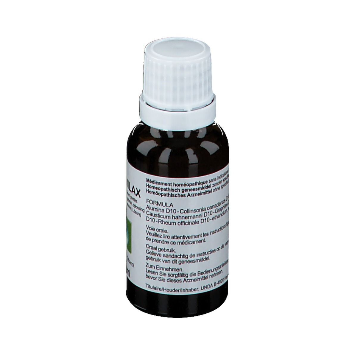 Achterkant van de bruine glazen fles. Etiket met ingrediënten en gebruiksaanwijzing. Witte dop.