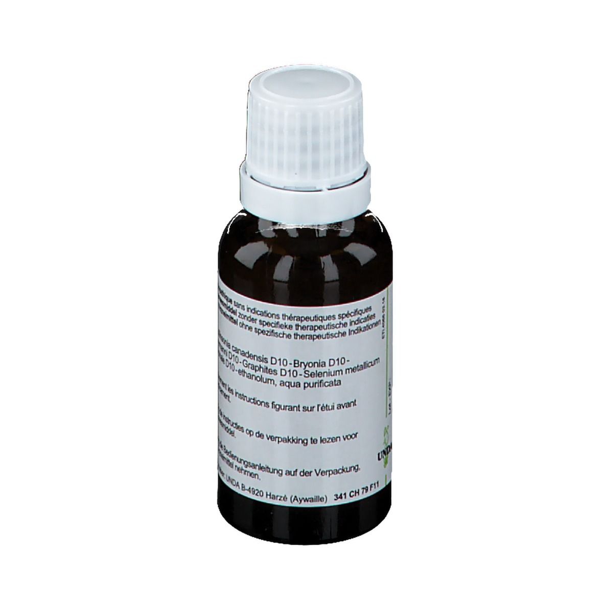 Achterkant van de bruine glazen fles. Etiket met ingrediënten en gebruiksaanwijzing. Witte dop.