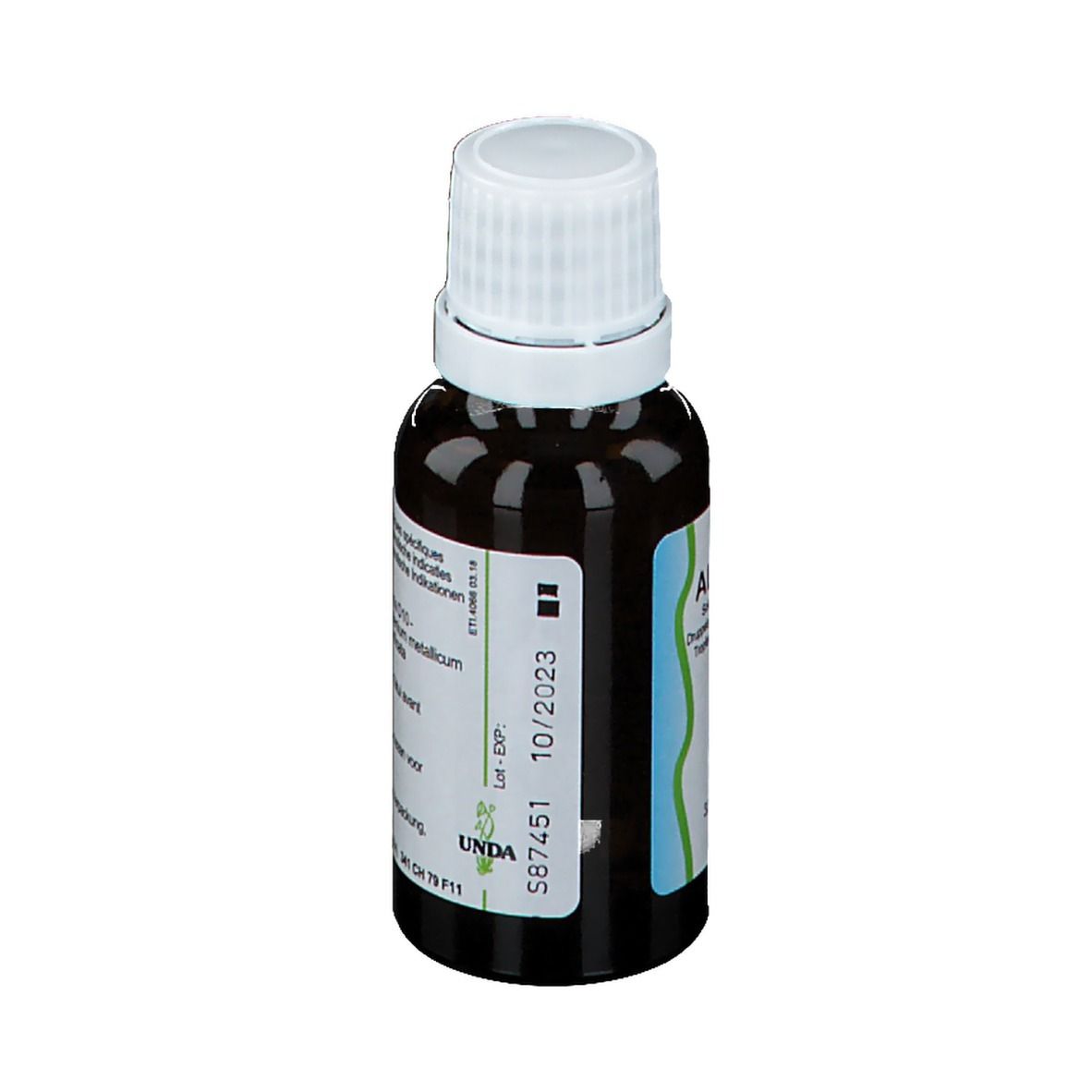 Bruine glazen fles met witte dop. Etiket met vervaldatum en lotnummer. 10/2023.
