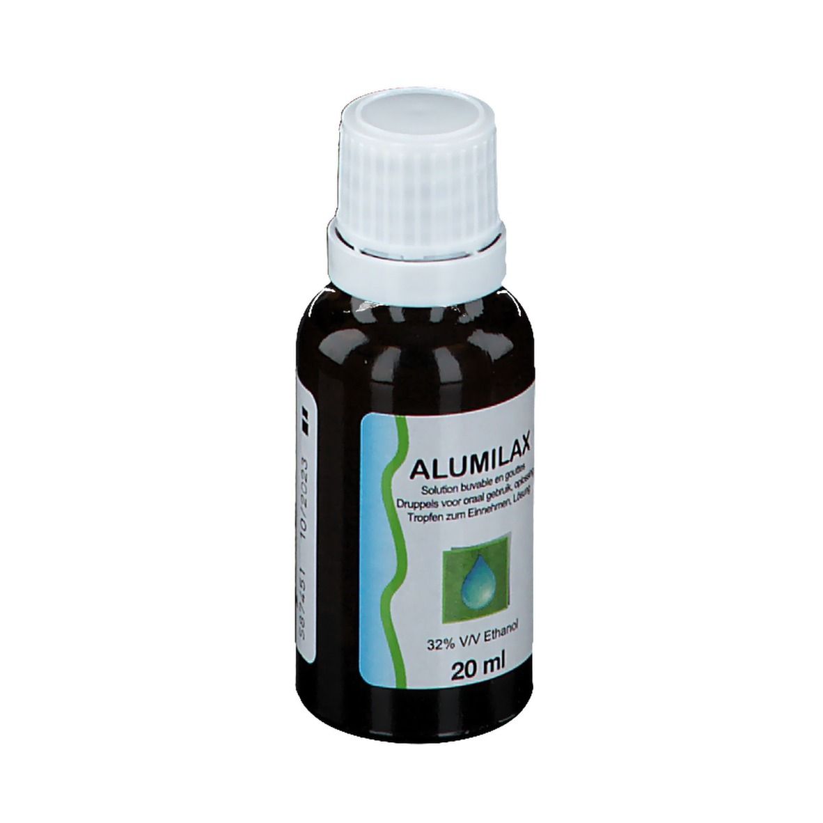 Bruine glazen fles met witte dop. Etiket met productnaam ALUMILAX en informatie. 20 ml.