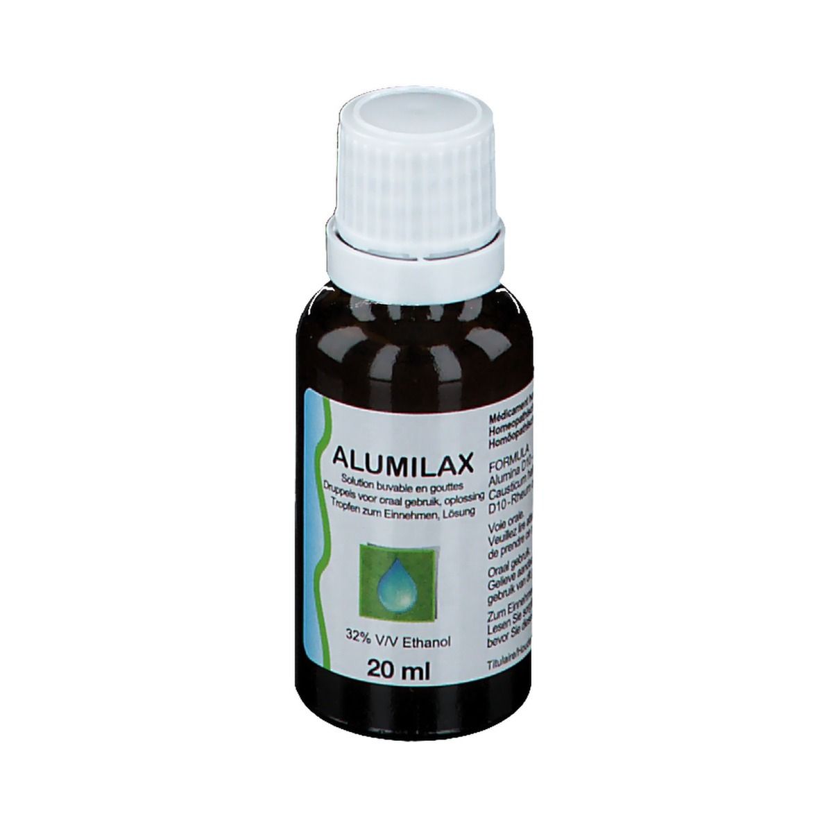 Bruine glazen fles met witte dop. Etiket met productnaam ALUMILAX en informatie. 20 ml.