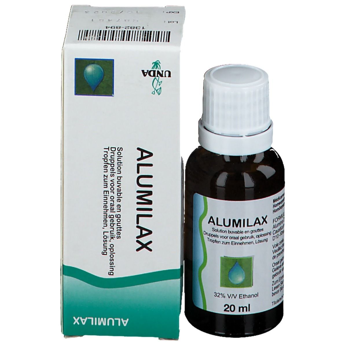 Productfles en doos. Doos met productnaam ALUMILAX. Fles: bruin, witte dop, etiket.