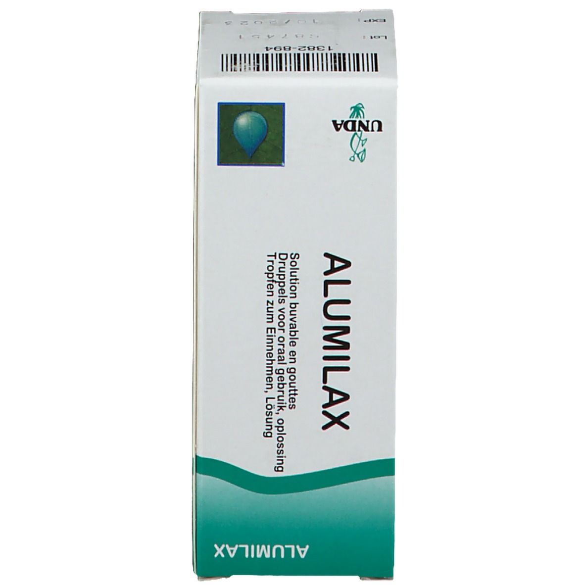 Productverpakking. Doos met productnaam ALUMILAX. Logo en tekst. Wit en groen.