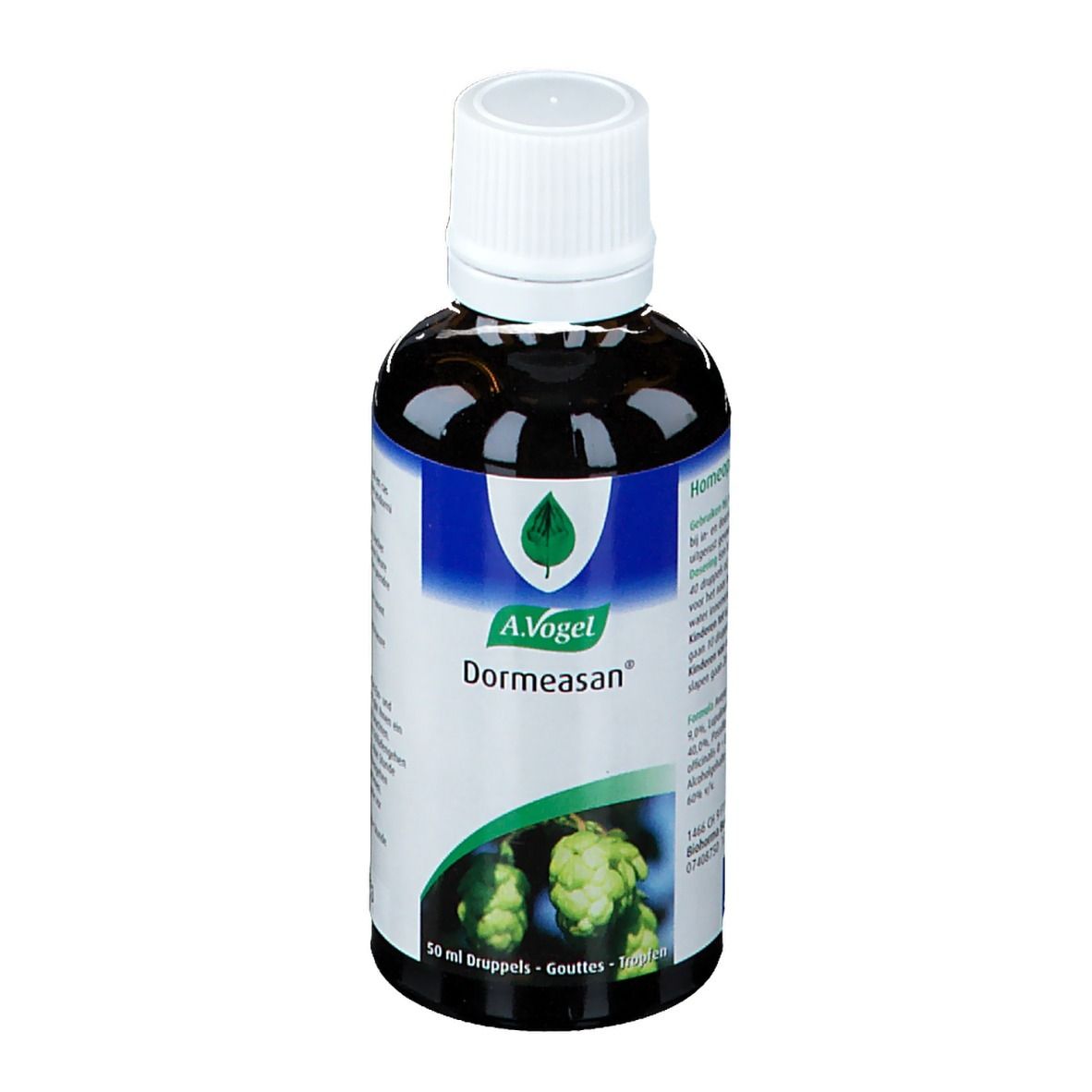 Bruine glazen fles met witte dop. Etiket met productnaam en logo.