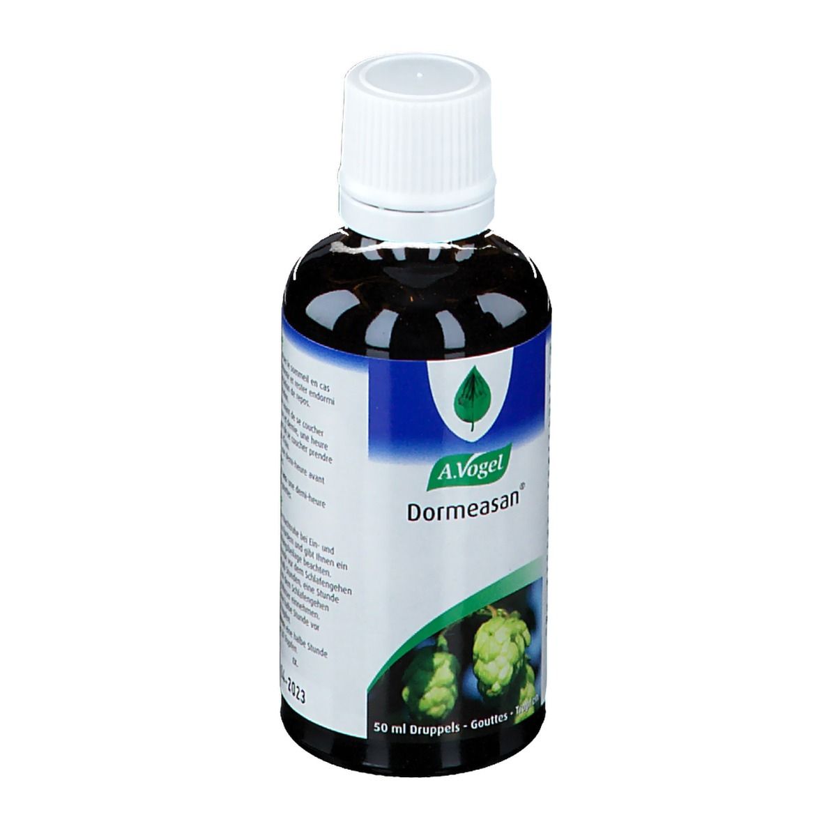 Bruine glazen fles met witte dop. Etiket met productnaam en logo.