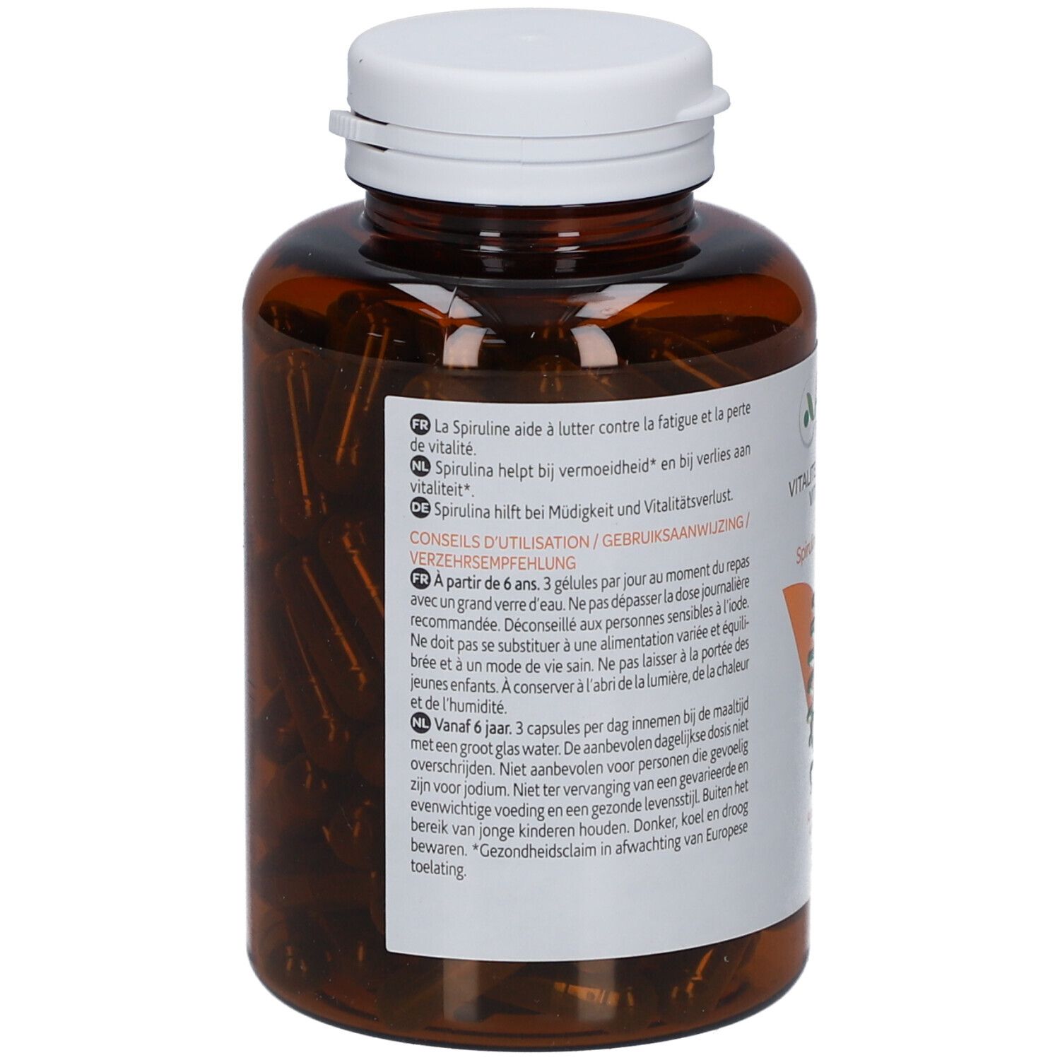Dos d'un flacon brun avec bouchon blanc. Informations textuelles multilingues. ArkoPharma Spiruline.