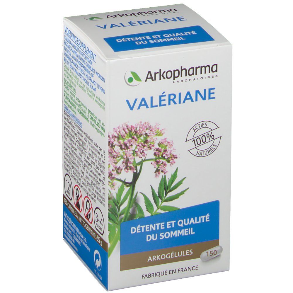 Doos Arkogelules Valeriane. Opschrift: Valeriane, Détente et qualité du sommeil, 150 capsules. 100% natuurlijke ingrediënten.