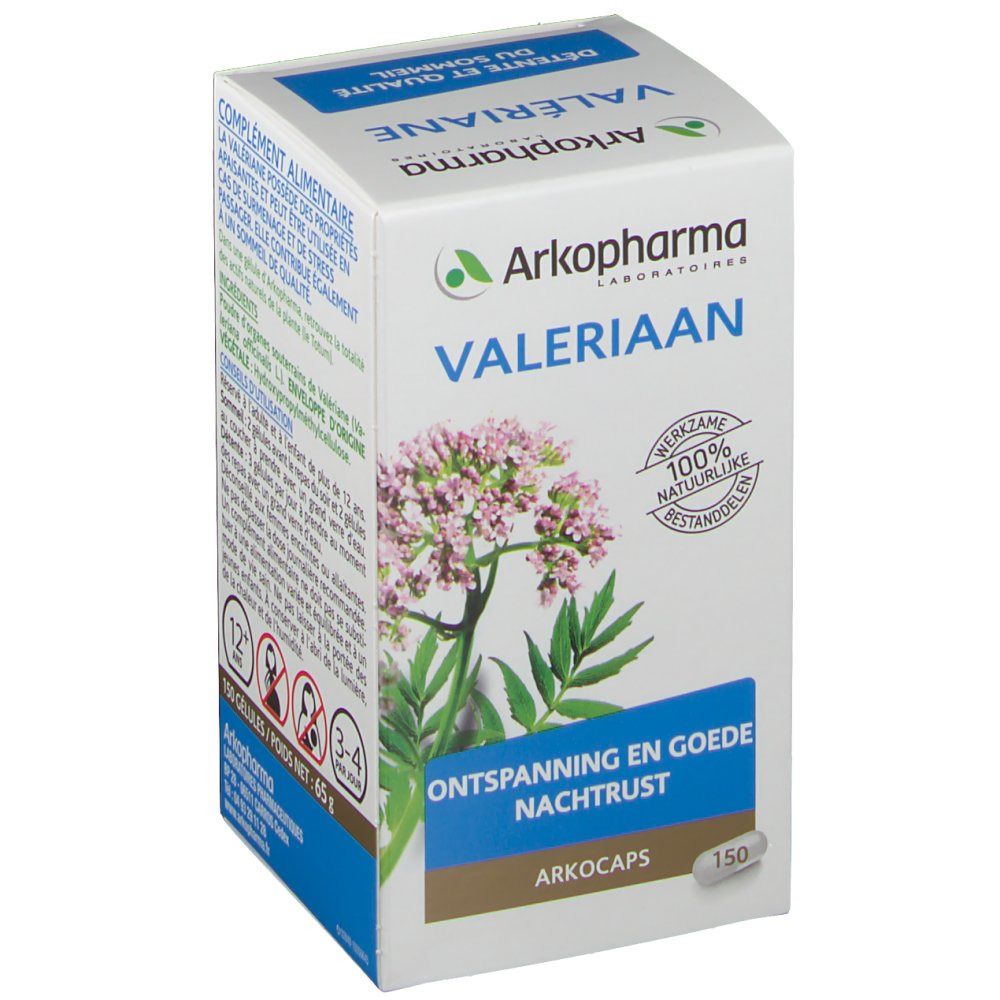Doos Valeriaan Arkocaps. Opschrift: Valeriaan, Ontspanning en goede nachtrust, 150 capsules. 100% natuurlijke bestanddelen.