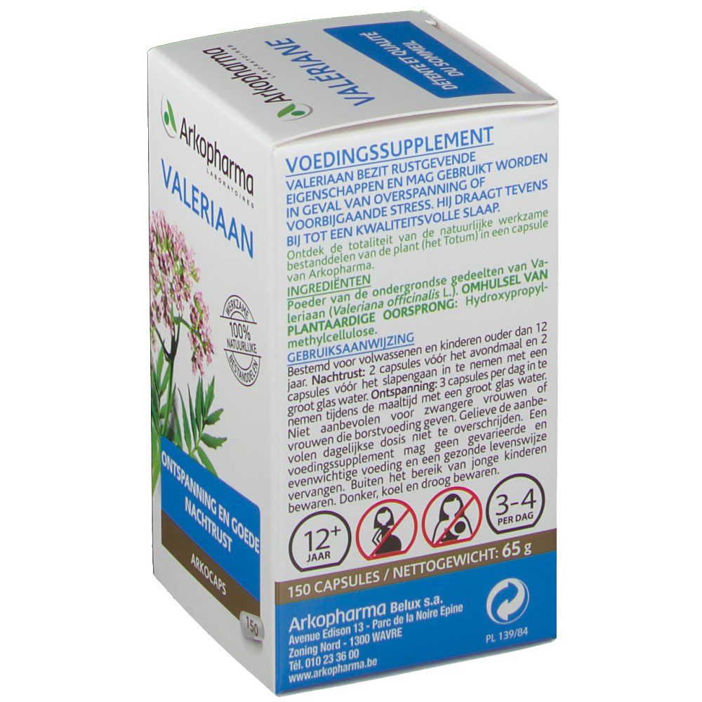 Achterkant van de Valeriaan Arkocaps doos. Tekst: Voedingssupplement, 150 capsules, 65g. Illustraties: 12+ jaar, 3-4 per dag.