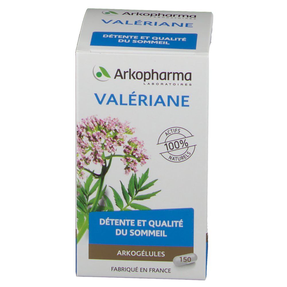 Doos Arkogelules Valeriane. Opschrift: Valeriane, Détente et qualité du sommeil, 150 capsules. 100% natuurlijke ingrediënten.